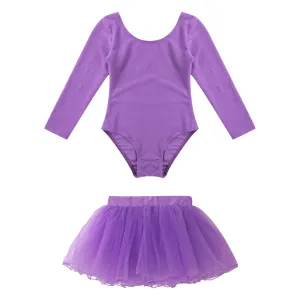 Girls Ballet Dance Leotard with Long Sleeve and Tulle Tutu Skirt: Gymnastics Performance Bodysuit