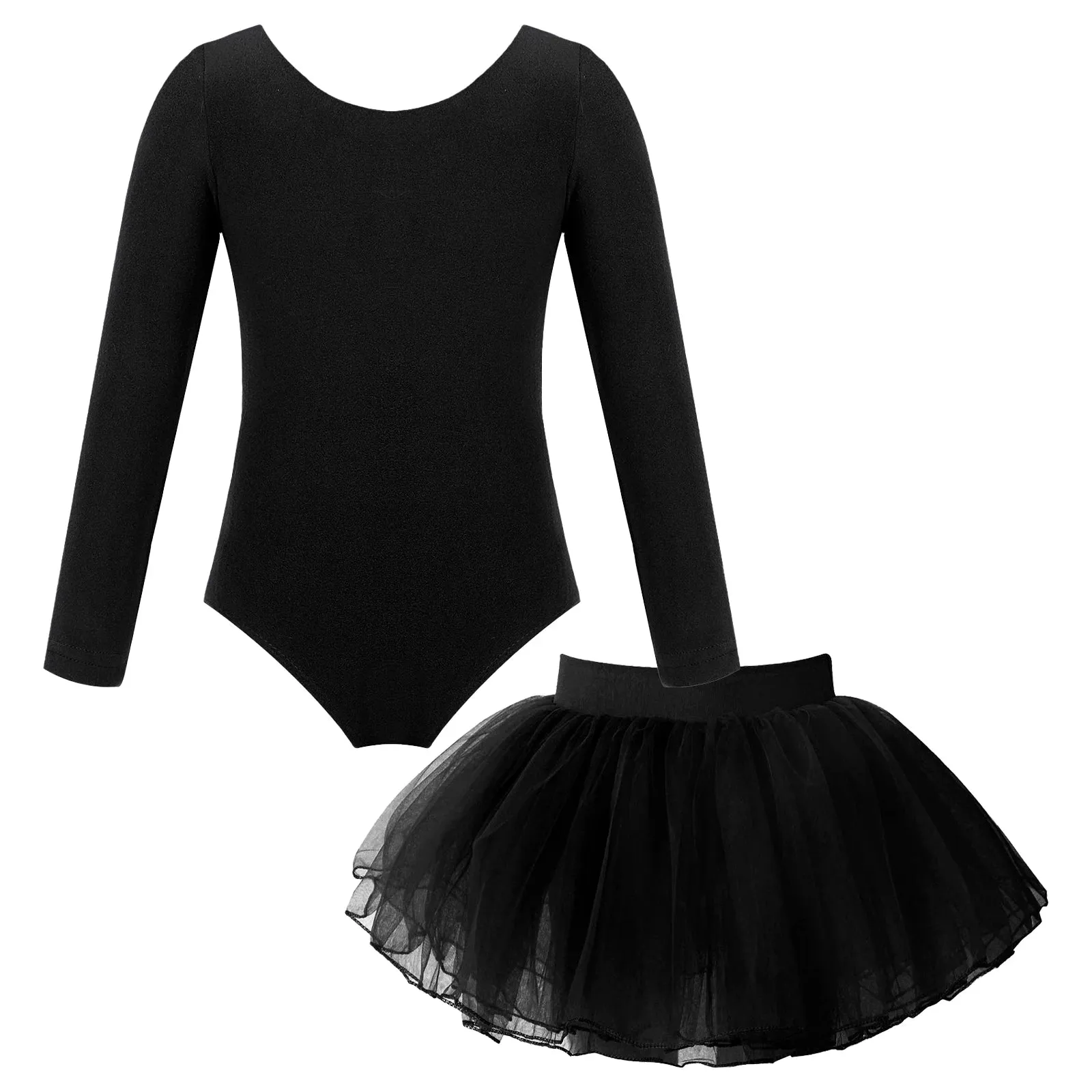 Girls Ballet Dance Leotard with Long Sleeve and Tulle Tutu Skirt: Gymnastics Performance Bodysuit
