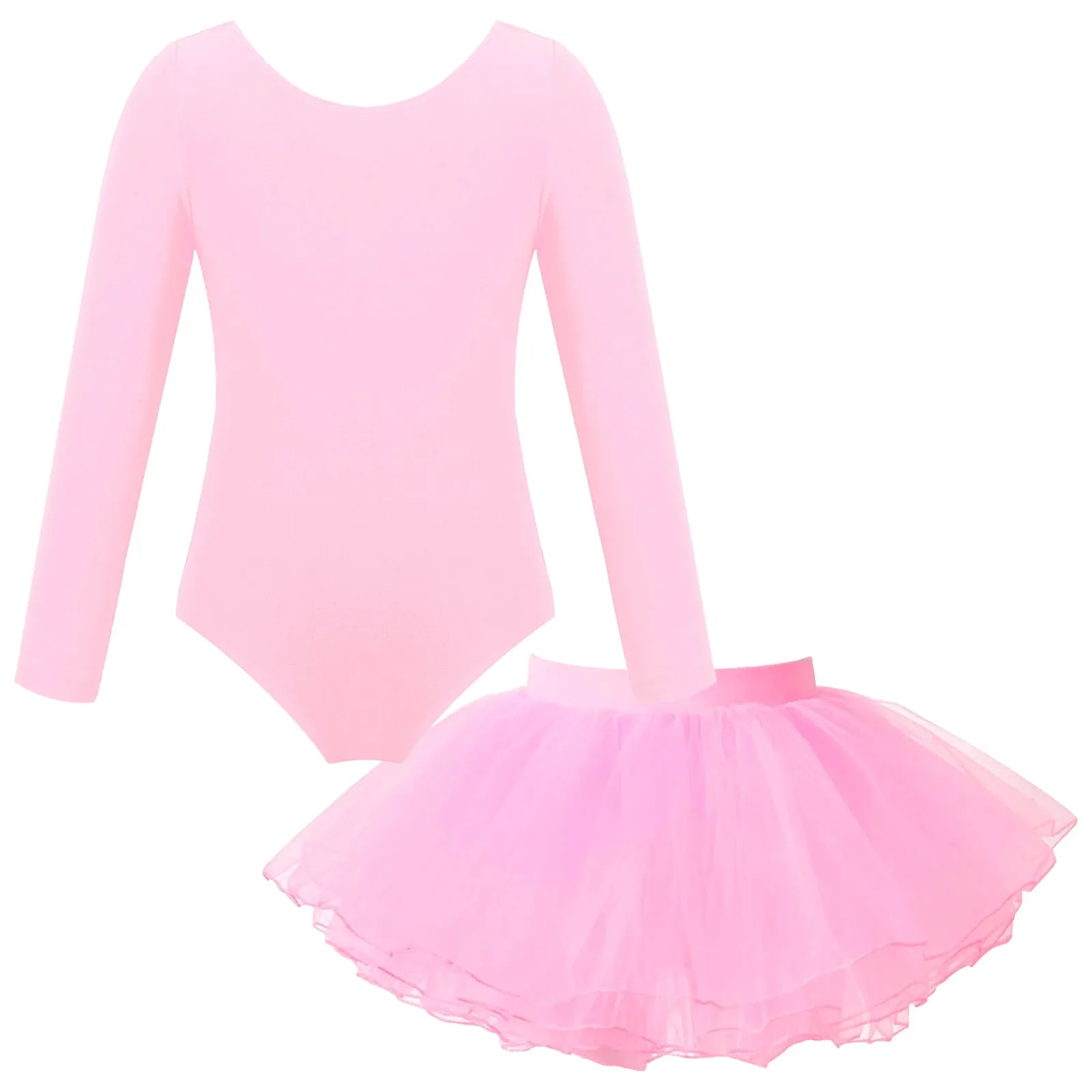 Girls Ballet Dance Leotard with Long Sleeve and Tulle Tutu Skirt: Gymnastics Performance Bodysuit