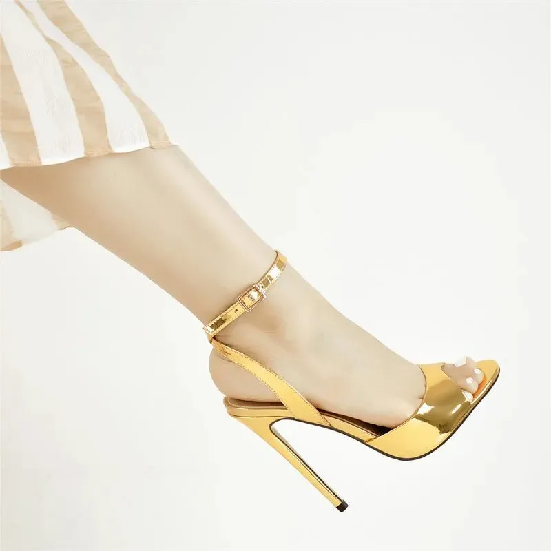 Gold Metallic /Black / Red Stiletto Heels with Ankle Strap – 12cm High Heel Shoes Open Toe Sandals