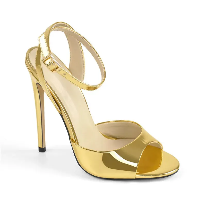 Gold Metallic /Black / Red Stiletto Heels with Ankle Strap – 12cm High Heel Shoes Open Toe Sandals