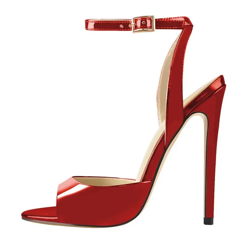 Gold Metallic /Black / Red Stiletto Heels with Ankle Strap – 12cm High Heel Shoes Open Toe Sandals