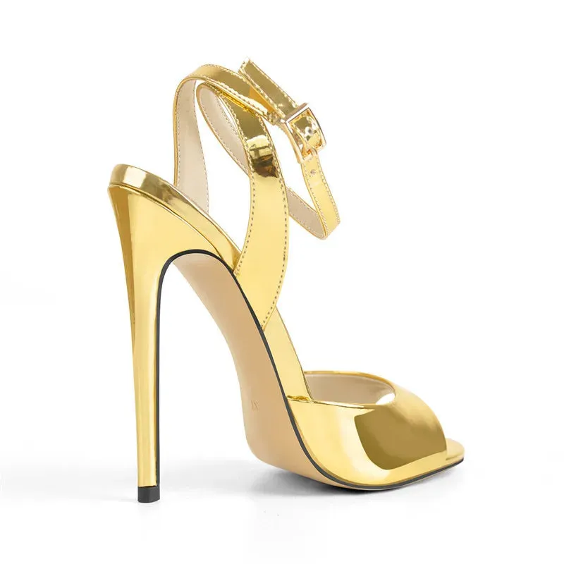 Gold Metallic /Black / Red Stiletto Heels with Ankle Strap – 12cm High Heel Shoes Open Toe Sandals