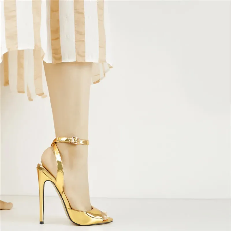 Gold Metallic /Black / Red Stiletto Heels with Ankle Strap – 12cm High Heel Shoes Open Toe Sandals