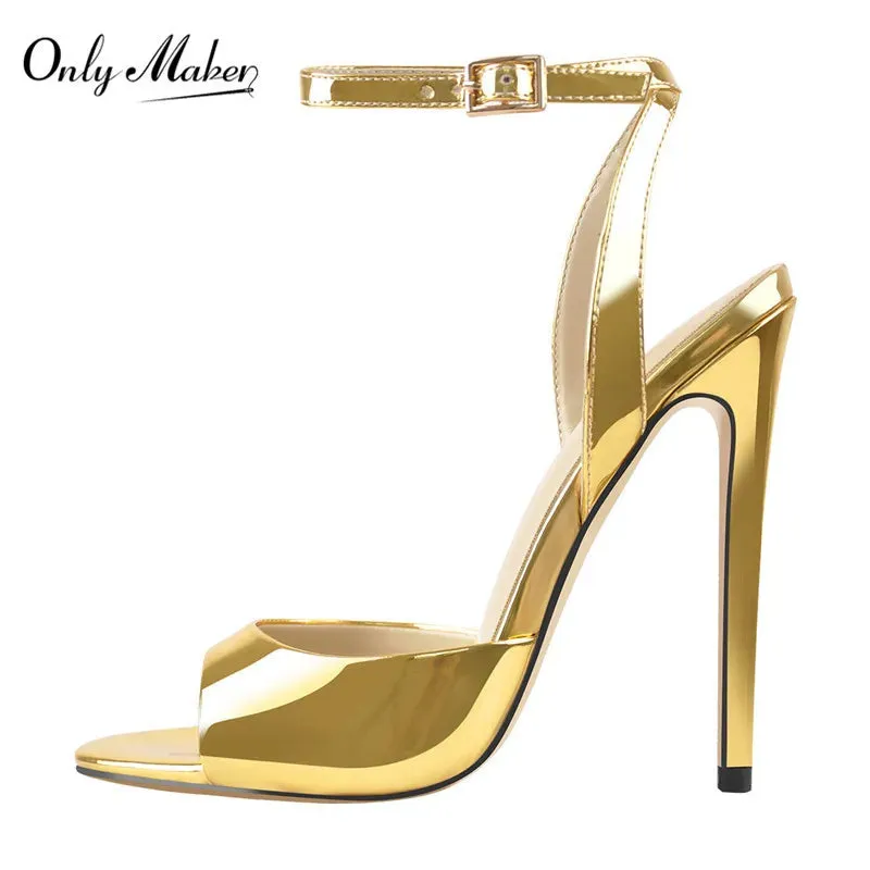 Gold Metallic /Black / Red Stiletto Heels with Ankle Strap – 12cm High Heel Shoes Open Toe Sandals