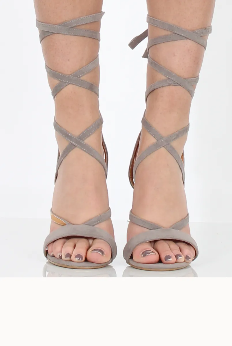 Grey Suede Tie Up Clear Heels - Skyler