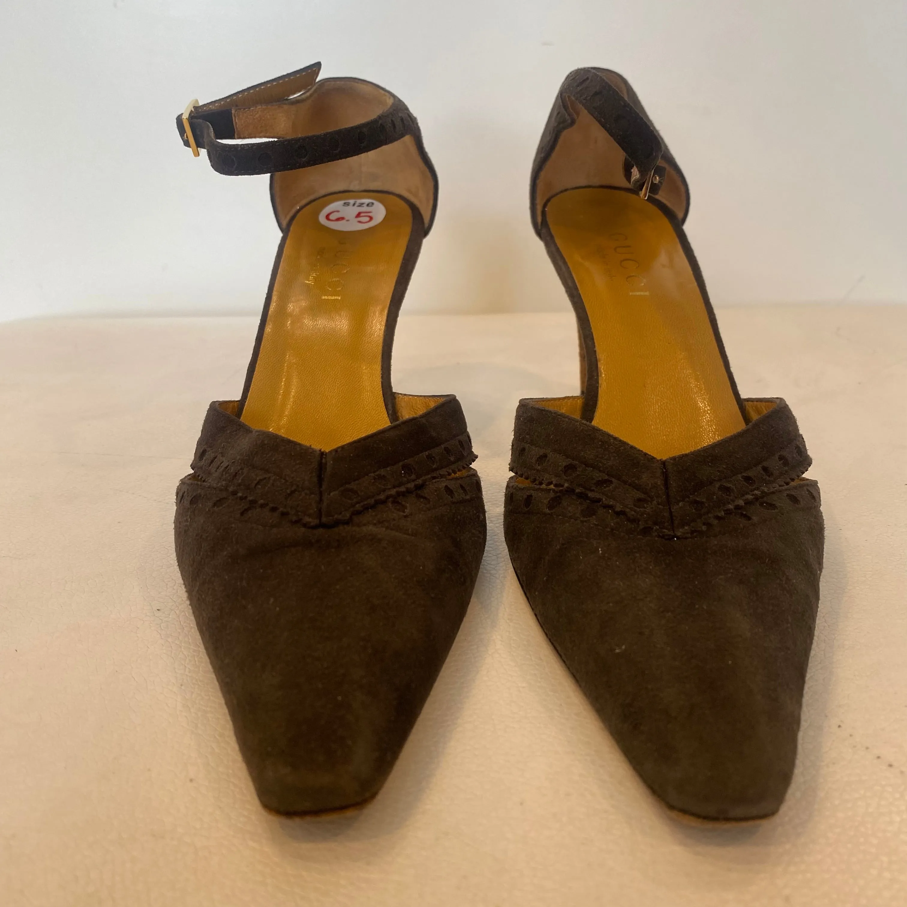 GUCCI Suede Sling Back Point Toe Heels Brown Size 6.5