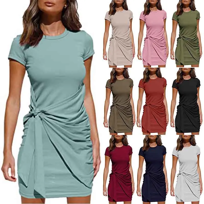 Irregular Dress Women's Short Sleeve Round Neck Pleated Bow Belt