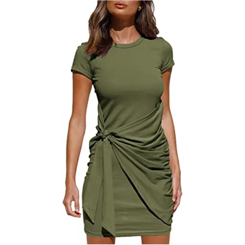 Irregular Dress Women's Short Sleeve Round Neck Pleated Bow Belt