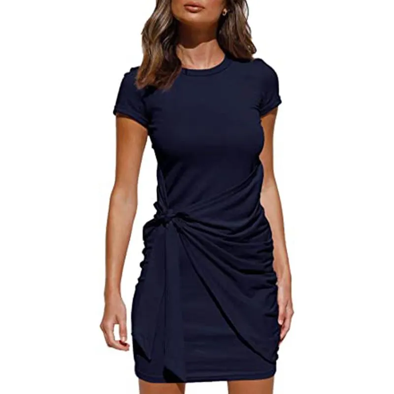 Irregular Dress Women's Short Sleeve Round Neck Pleated Bow Belt