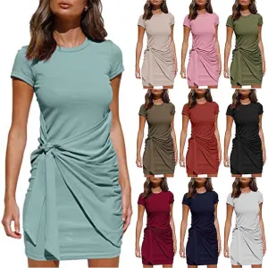 Irregular Dress Women's Short Sleeve Round Neck Pleated Bow Belt
