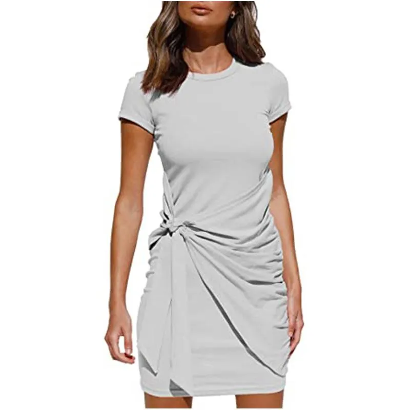 Irregular Dress Women's Short Sleeve Round Neck Pleated Bow Belt