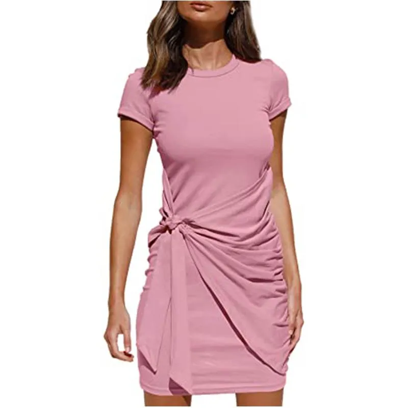 Irregular Dress Women's Short Sleeve Round Neck Pleated Bow Belt