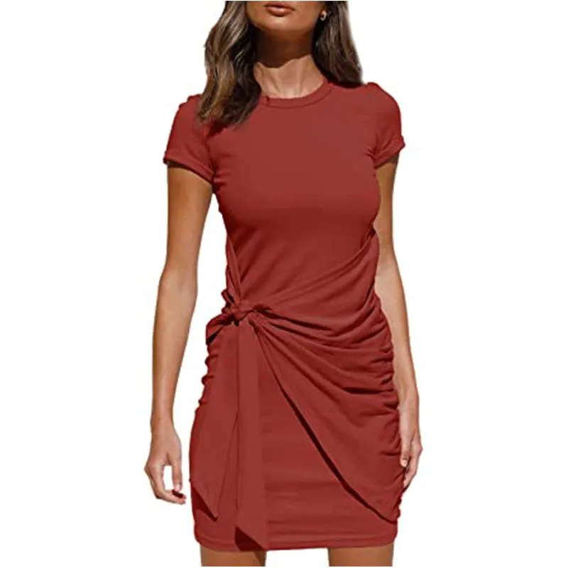 Irregular Dress Women's Short Sleeve Round Neck Pleated Bow Belt