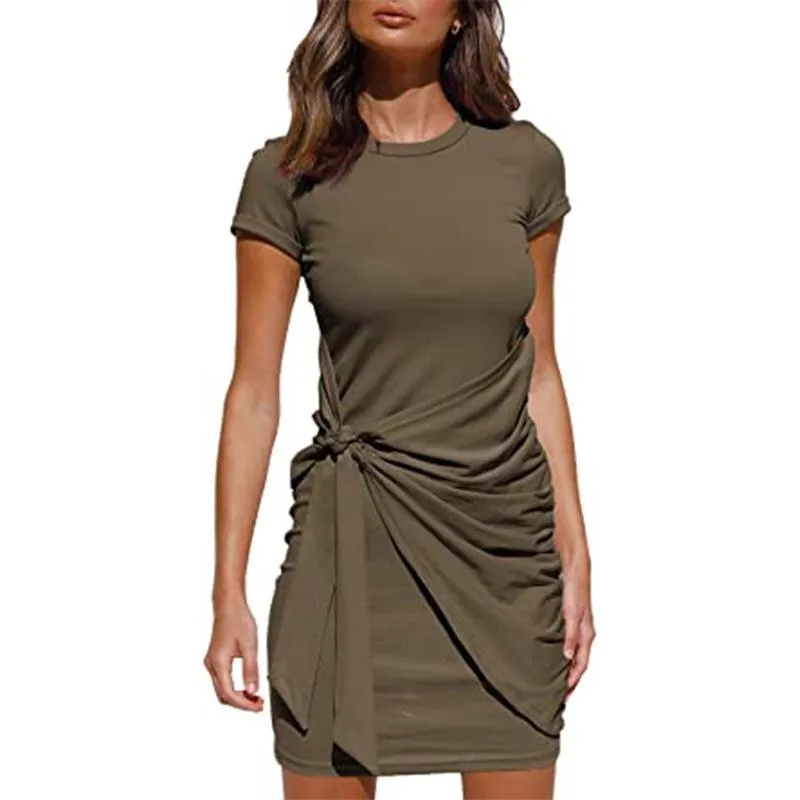 Irregular Dress Women's Short Sleeve Round Neck Pleated Bow Belt