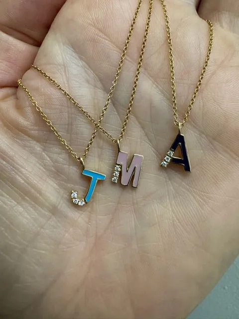 Jade Initial "M" Charm Necklace: Ballet Pink Enamel/14K Yellow Gold-Diamond