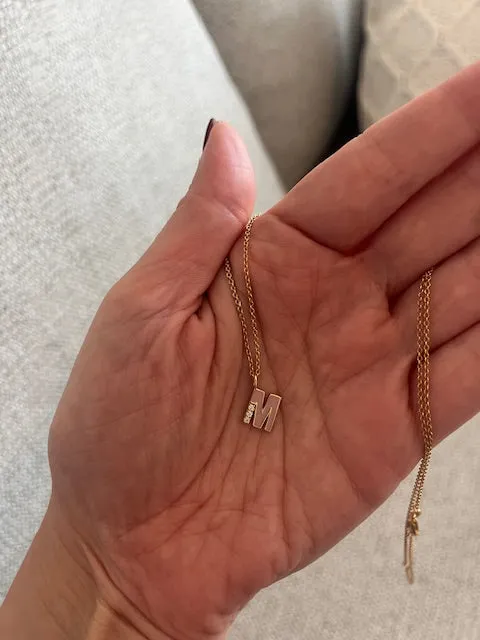 Jade Initial "M" Charm Necklace: Ballet Pink Enamel/14K Yellow Gold-Diamond