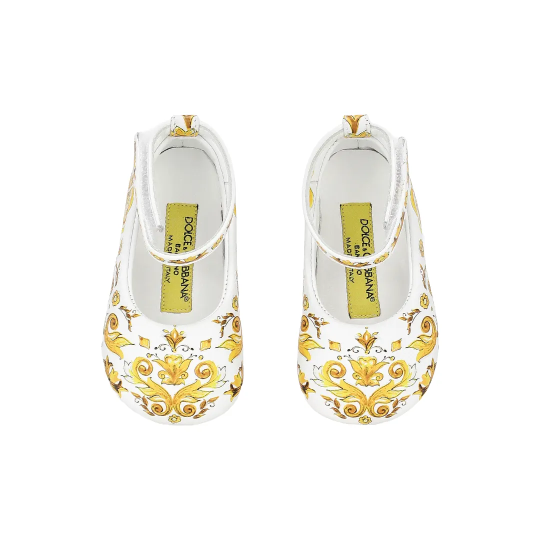 KIDS BABY LAMBSKIN BALLET FLATS WITH YELLOW MAJOLICA PRINT