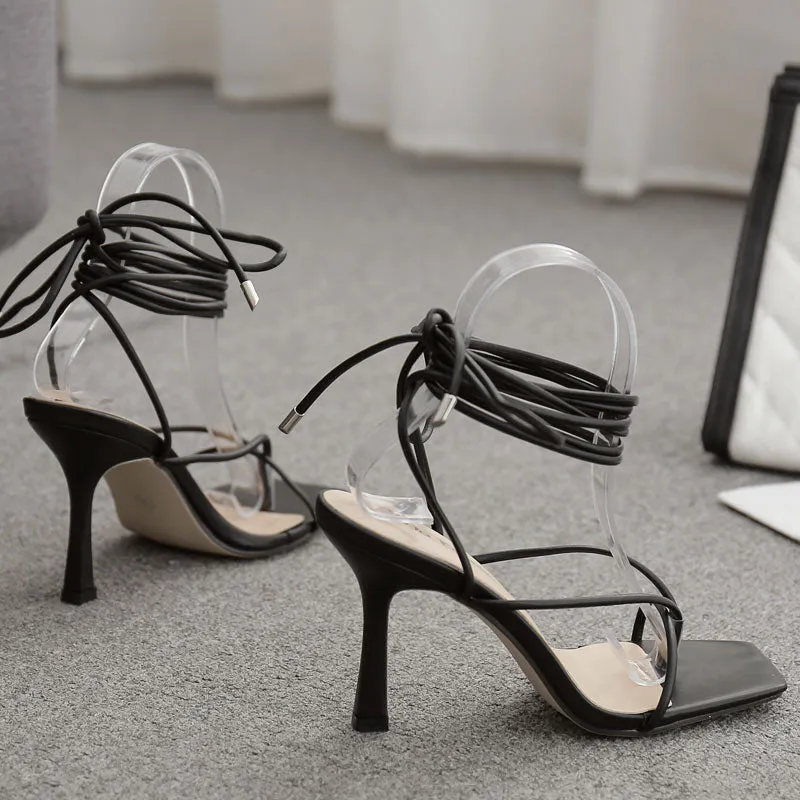 Lace Up Square Toe High Heels