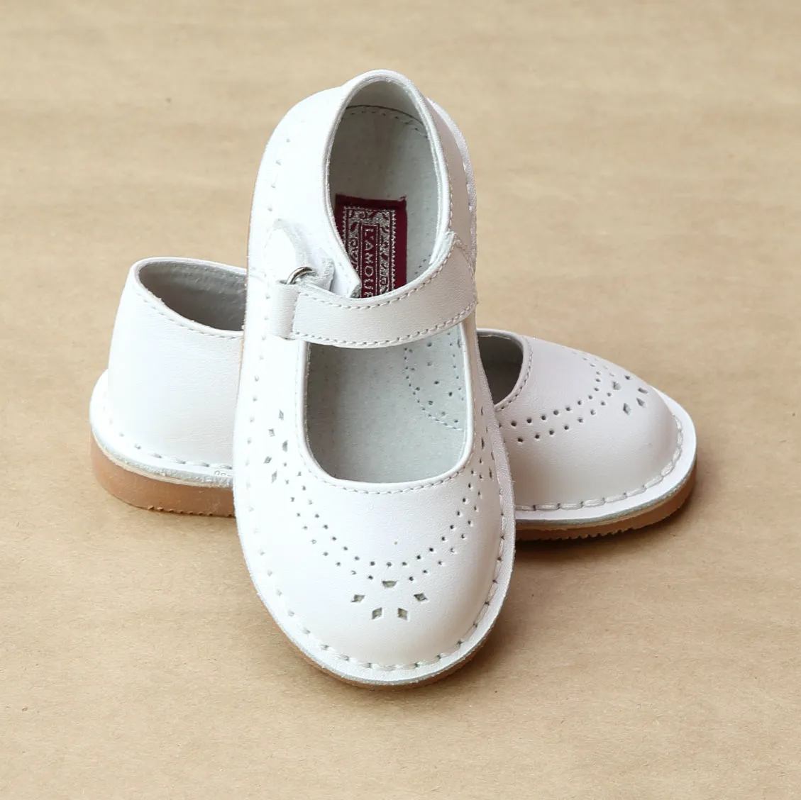 L'Amour Girls Classic White Perforated Leather Mary Jane