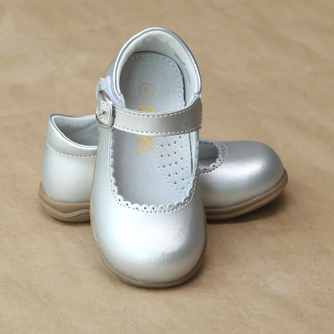 L'Amour Girls Scalloped Trim Leather Mary Jane