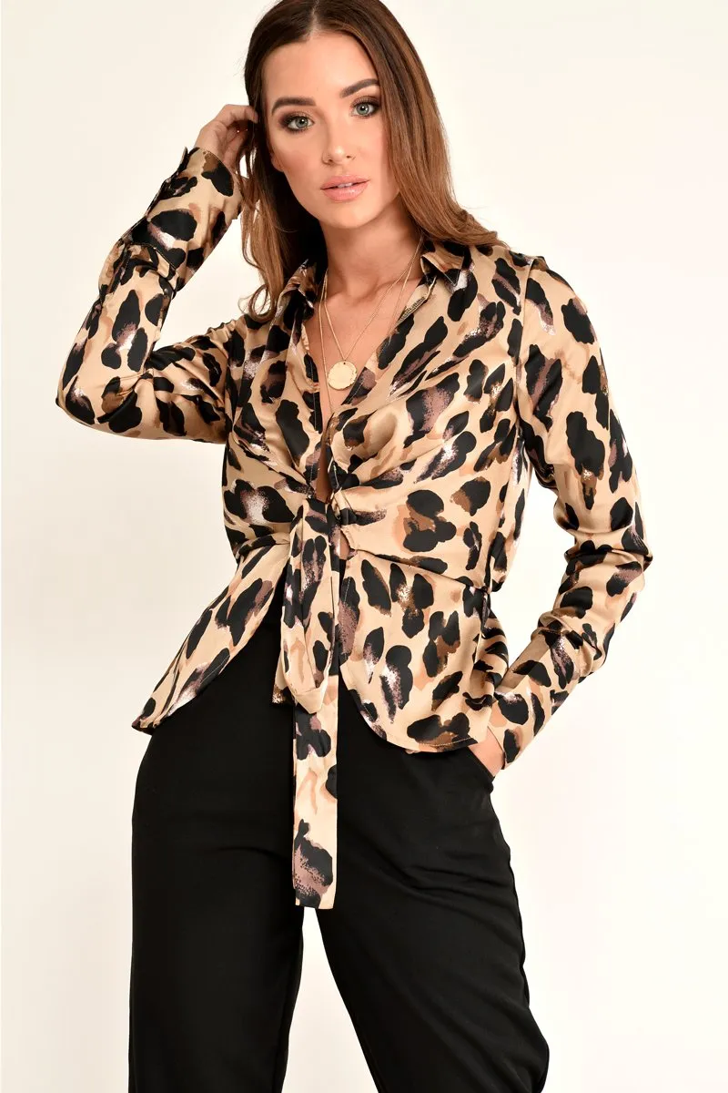 Leopard Knot Front Plunge Shirt - Jurnie