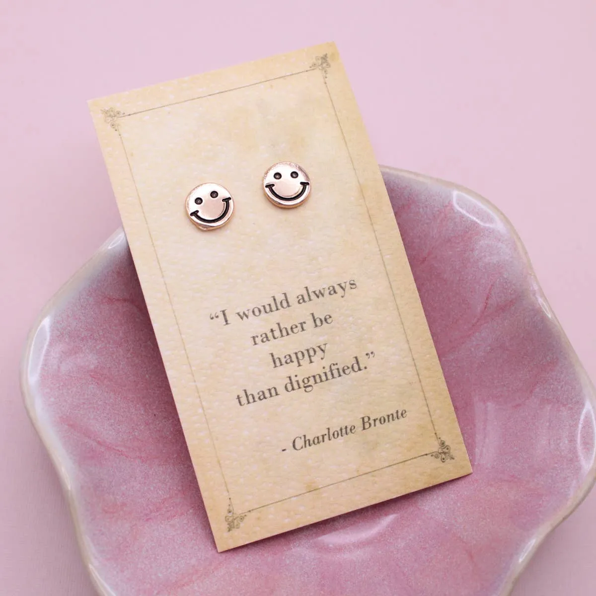 Literary Quotes Gold Happy Face Post Earrings