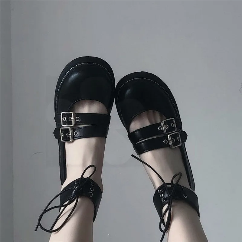 LOLITA BLACK VINTAGE BUCKLE LEATHER SHOES UB2509