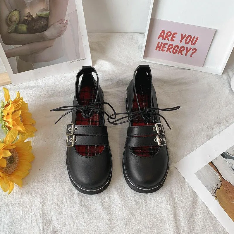LOLITA BLACK VINTAGE BUCKLE LEATHER SHOES UB2509