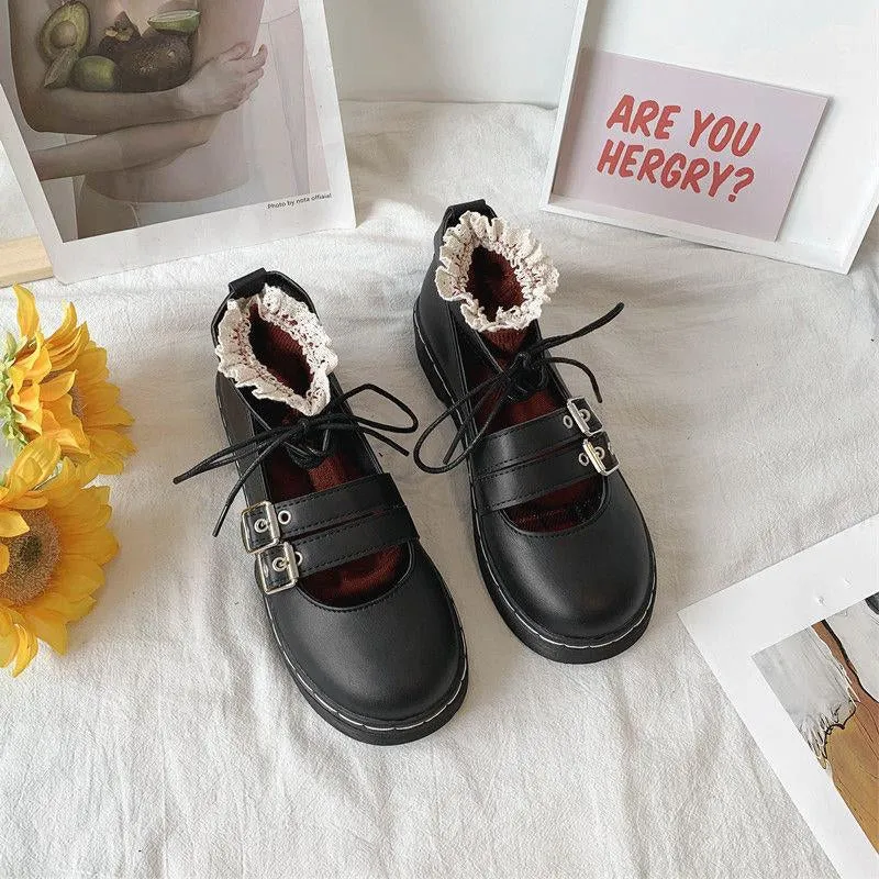 LOLITA BLACK VINTAGE BUCKLE LEATHER SHOES UB2509