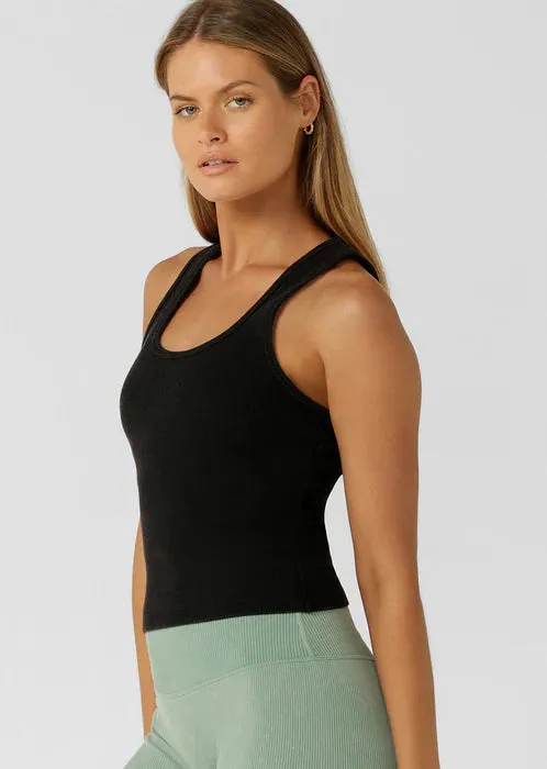 Lorna Jane Scoop Neck Washed Rib Tank - Washed Black