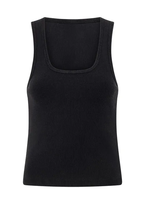 Lorna Jane Scoop Neck Washed Rib Tank - Washed Black