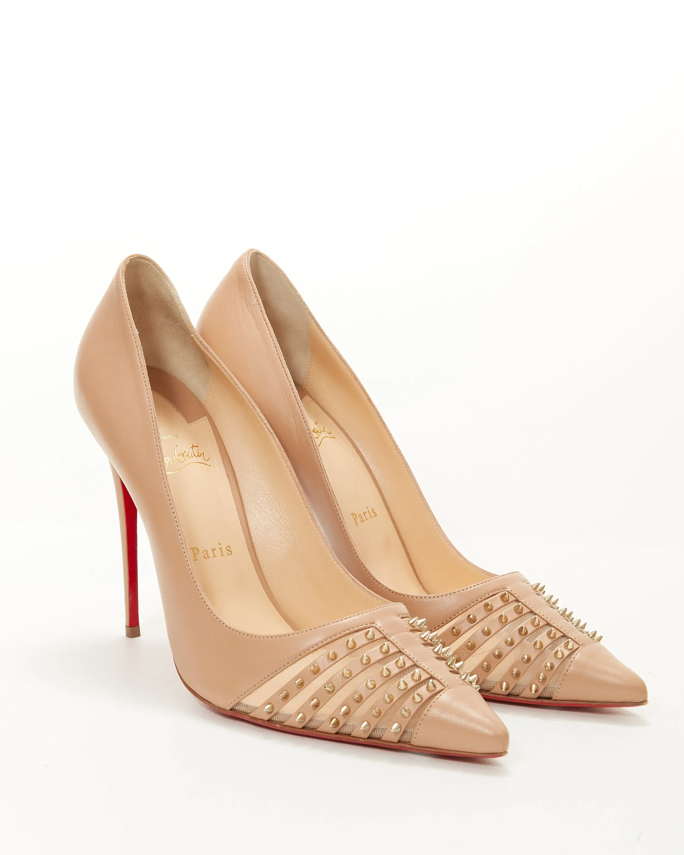 Louboutin Nude Leather Point Toe Spike/Mesh Heels - 41