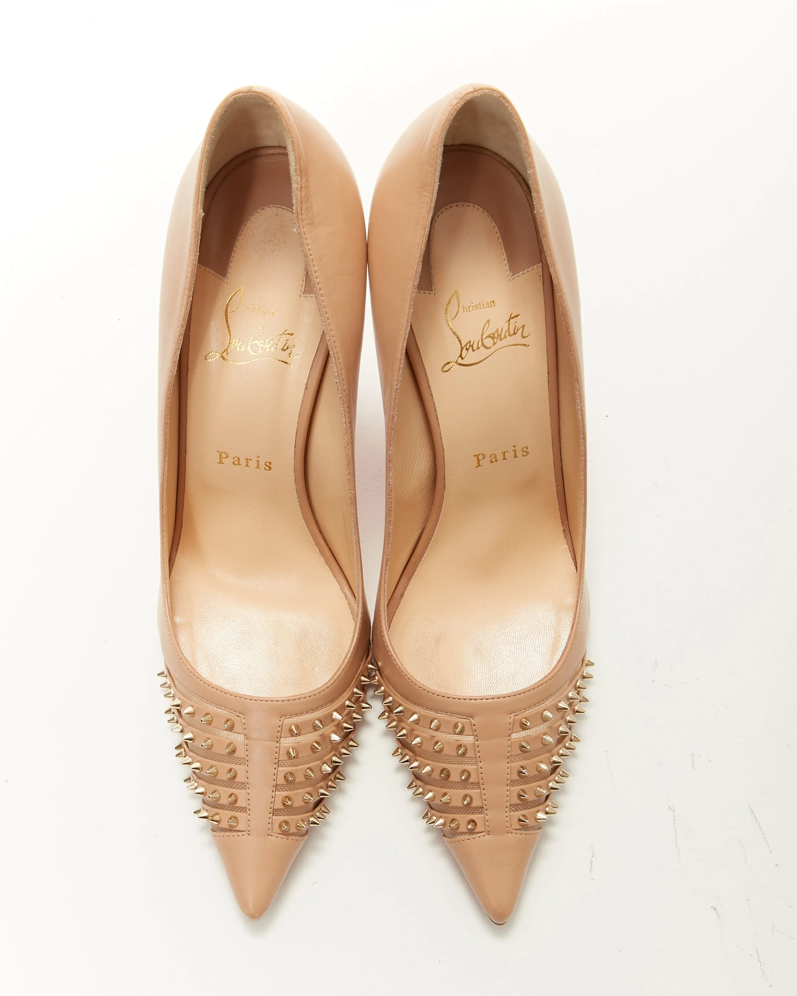 Louboutin Nude Leather Point Toe Spike/Mesh Heels - 41
