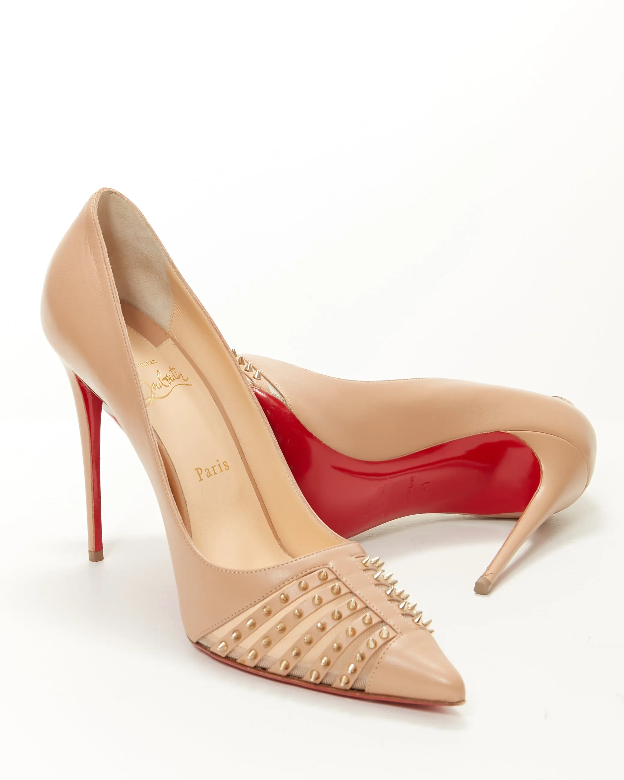 Louboutin Nude Leather Point Toe Spike/Mesh Heels - 41