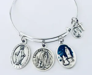 Lourdes Virgin Mary Saint Bernadette Adjustable Charm Bracelet Expandable Silver Bangle Inspirational One Size Fits All Catholic Gift Prayer Jewelry