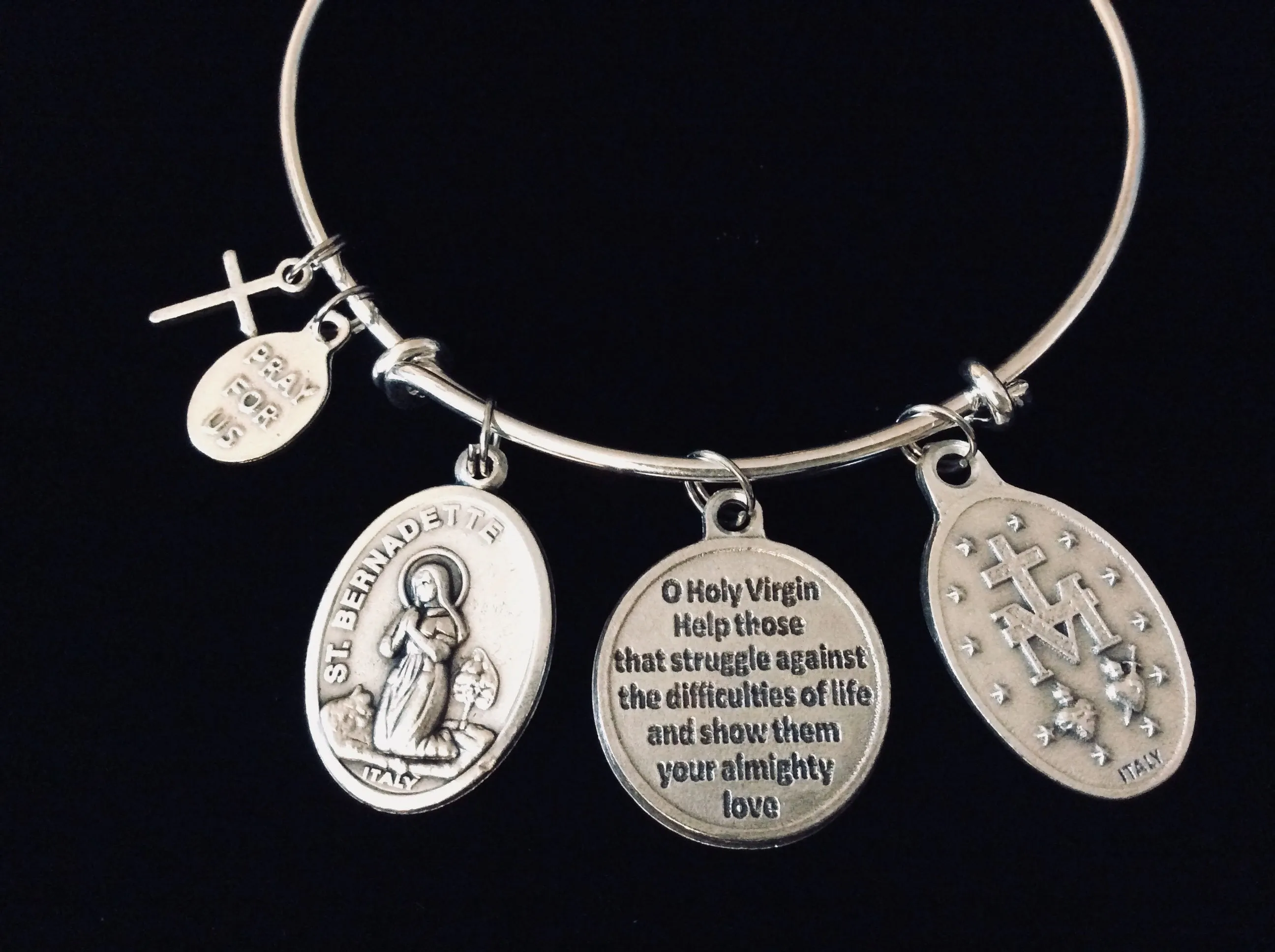 Lourdes Virgin Mary Saint Bernadette Adjustable Charm Bracelet Expandable Silver Bangle Inspirational One Size Fits All Catholic Gift Prayer Jewelry