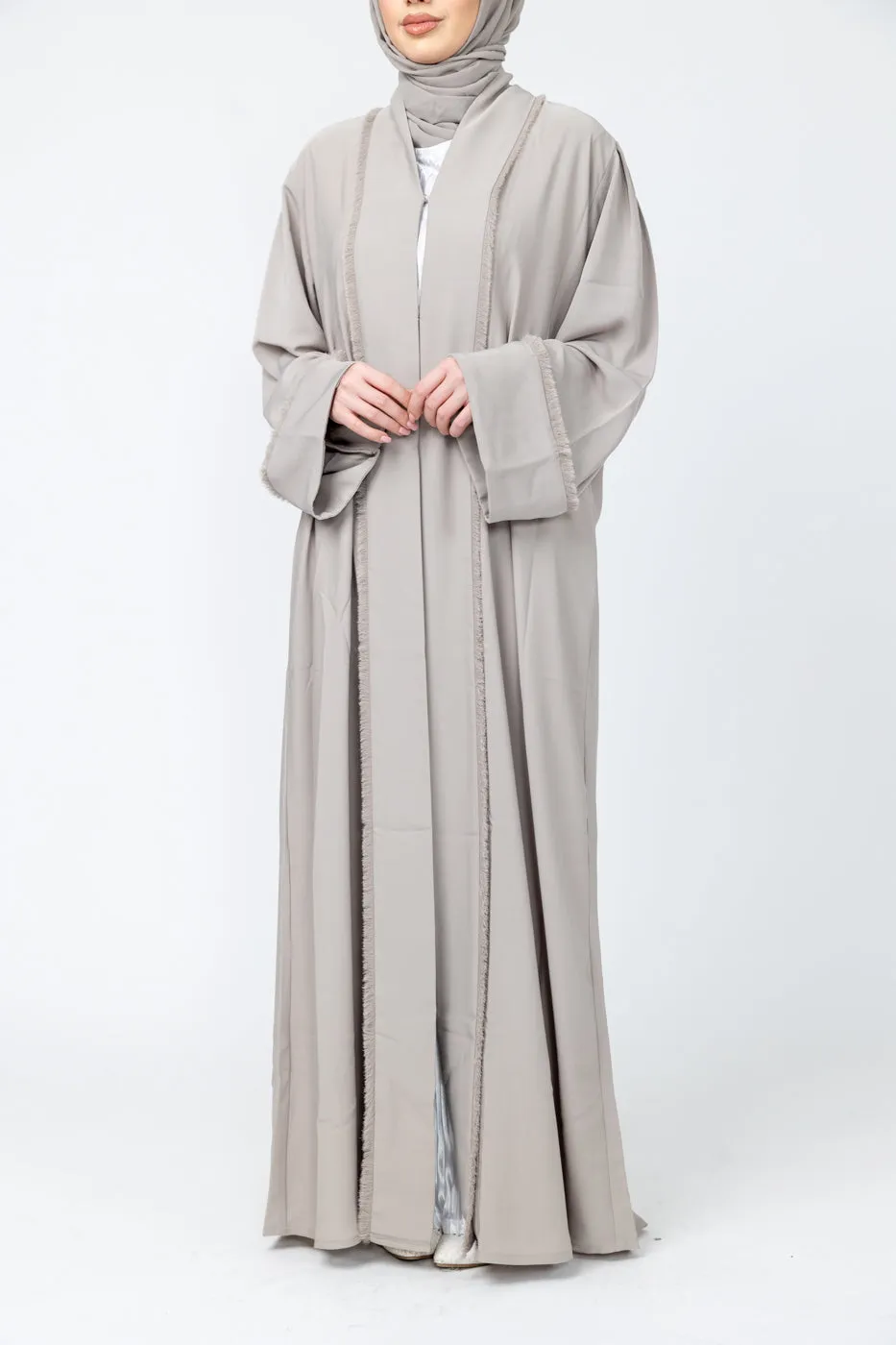 Luxury Nida Abaya with Frayed edges - Nude