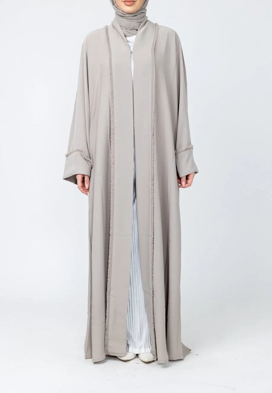 Luxury Nida Abaya with Frayed edges - Nude