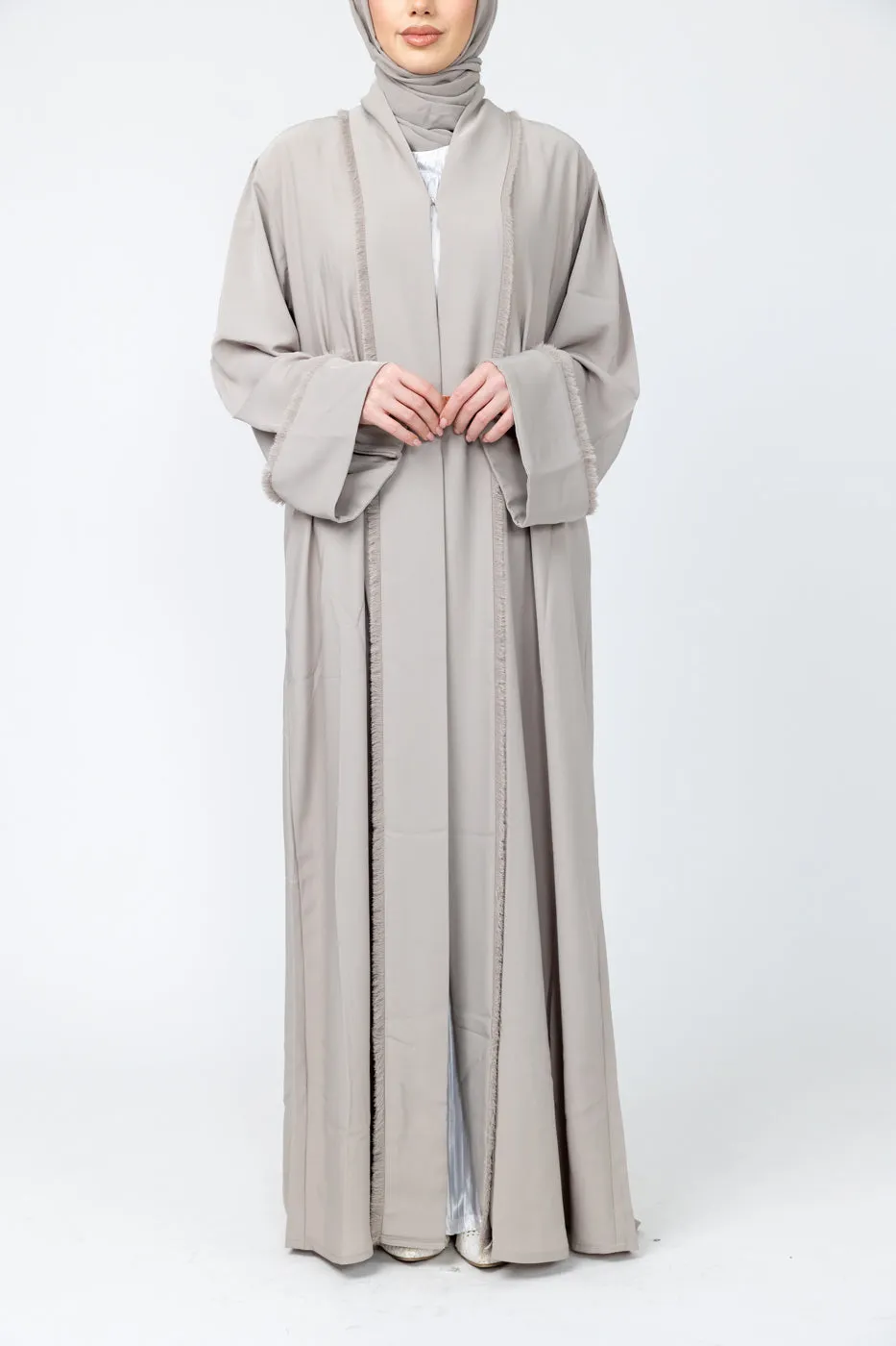 Luxury Nida Abaya with Frayed edges - Nude