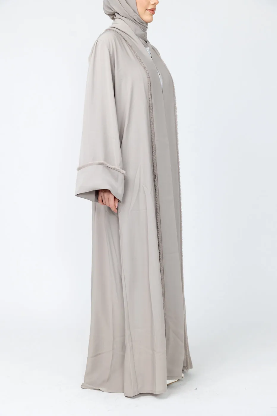 Luxury Nida Abaya with Frayed edges - Nude