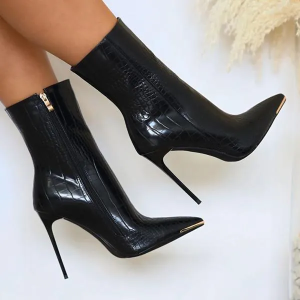 Lydiashoes Stiletto Zipper Snake Print Pointed-Toe Boots