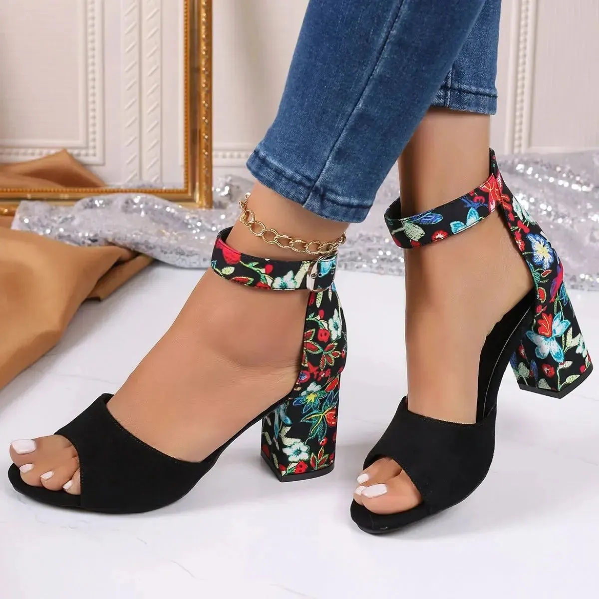 'Lysandra' Flower Stitched Block Heels