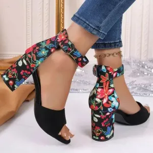'Lysandra' Flower Stitched Block Heels