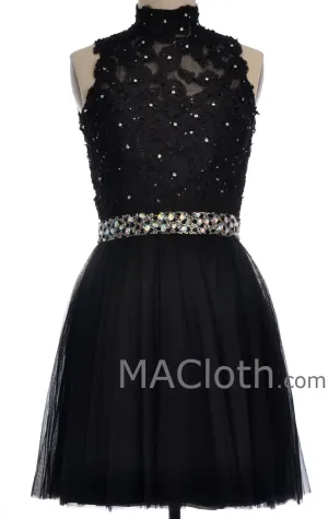 MACloth Women High Neck Black Lace Tulle Short Prom Dress with Open Back