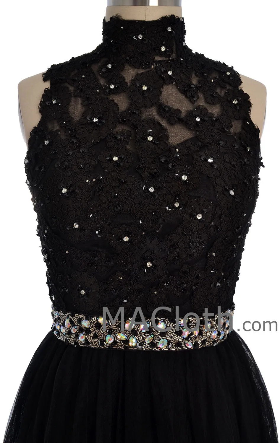 MACloth Women High Neck Black Lace Tulle Short Prom Dress with Open Back