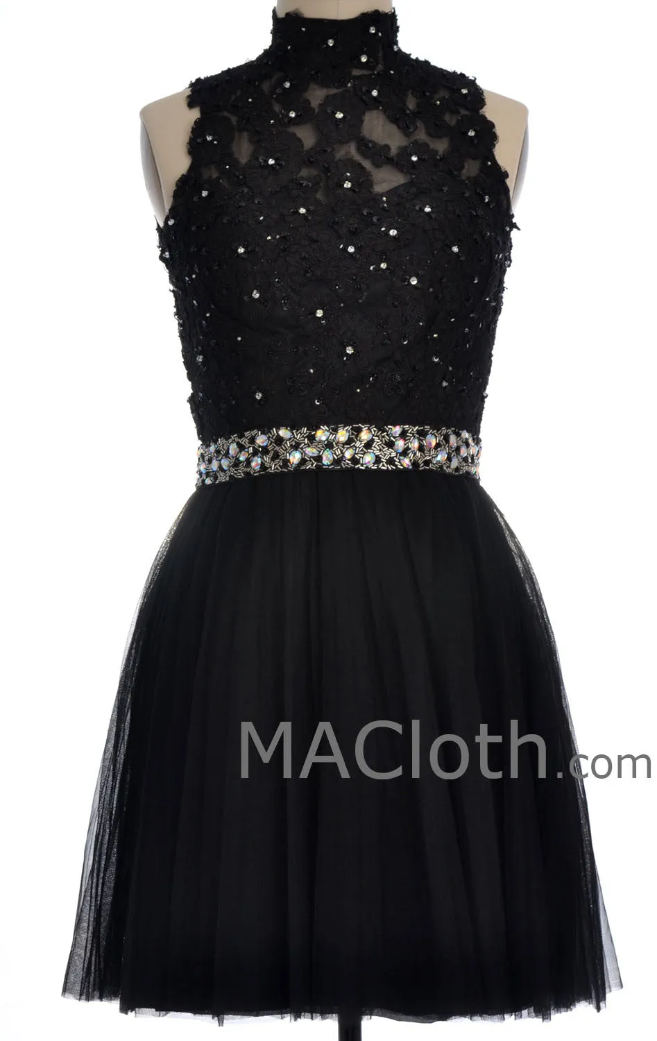 MACloth Women High Neck Black Lace Tulle Short Prom Dress with Open Back