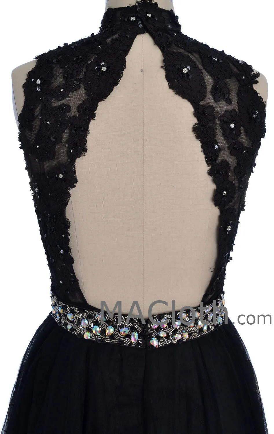 MACloth Women High Neck Black Lace Tulle Short Prom Dress with Open Back