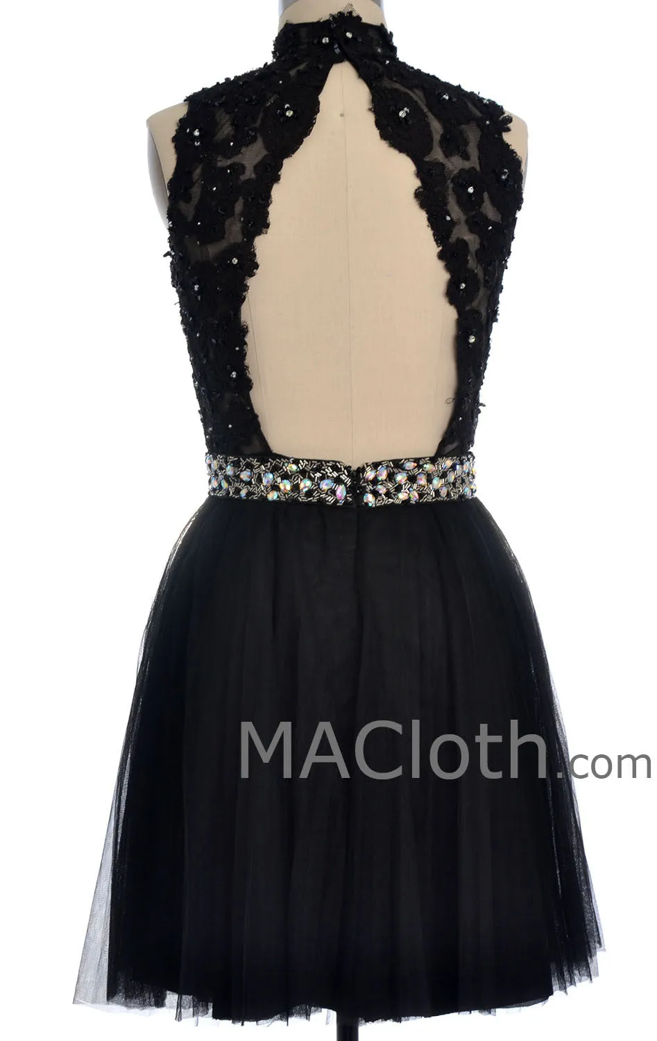 MACloth Women High Neck Black Lace Tulle Short Prom Dress with Open Back
