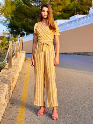 Madame Yellow Knot Belted Cotton  Jumpsuit